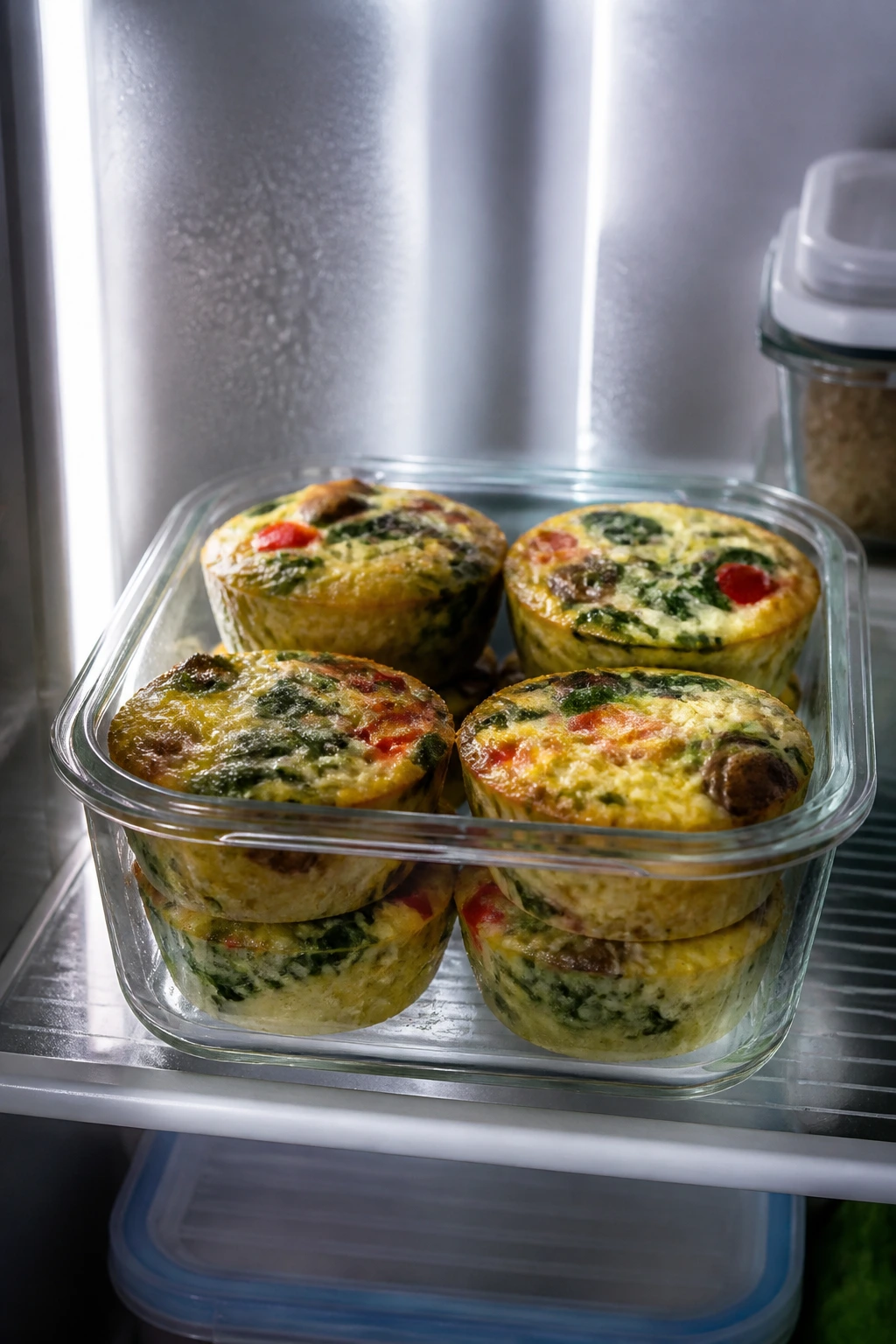 Container of baked veggie cups in the refrigerator