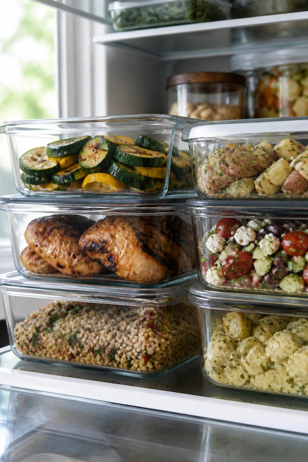 Fridge storage containers with make-ahead grilled vegetables and proteins