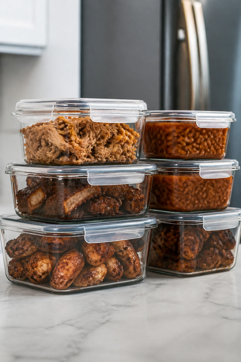 Glass meal prep containers with BBQ meats stored in the fridge
