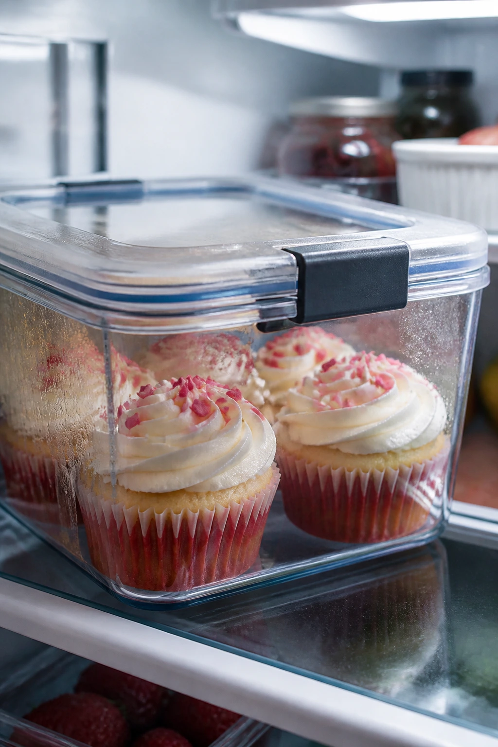 Airtight container with frosted cupcakes ready for storage