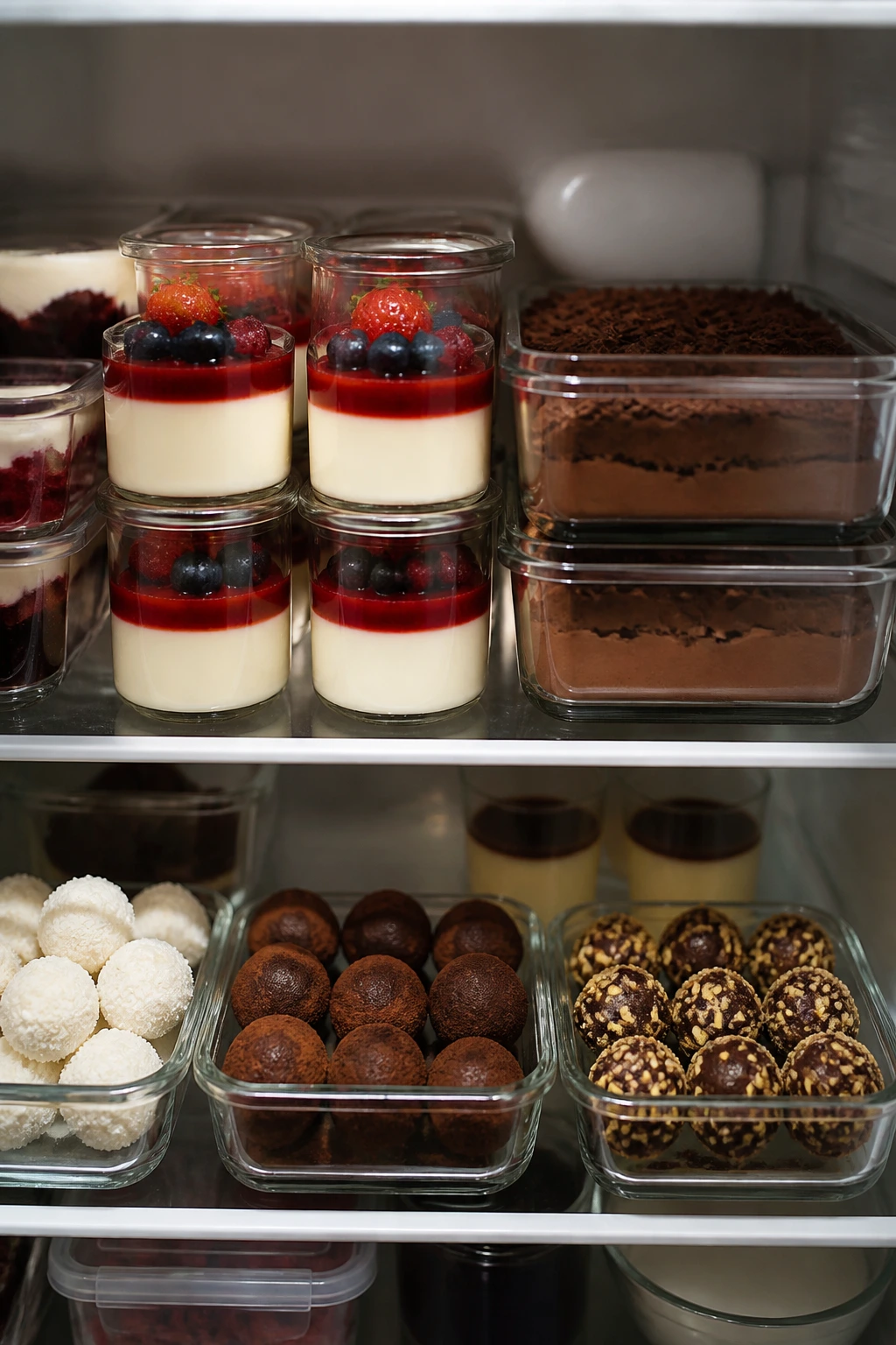 Fridge shelf with glass dessert containers and cups for make-ahead desserts.