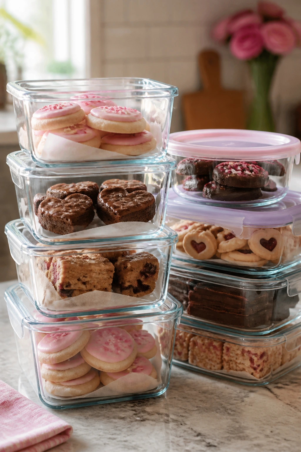 Glass containers with assorted cookies and bars on a kitchen counter