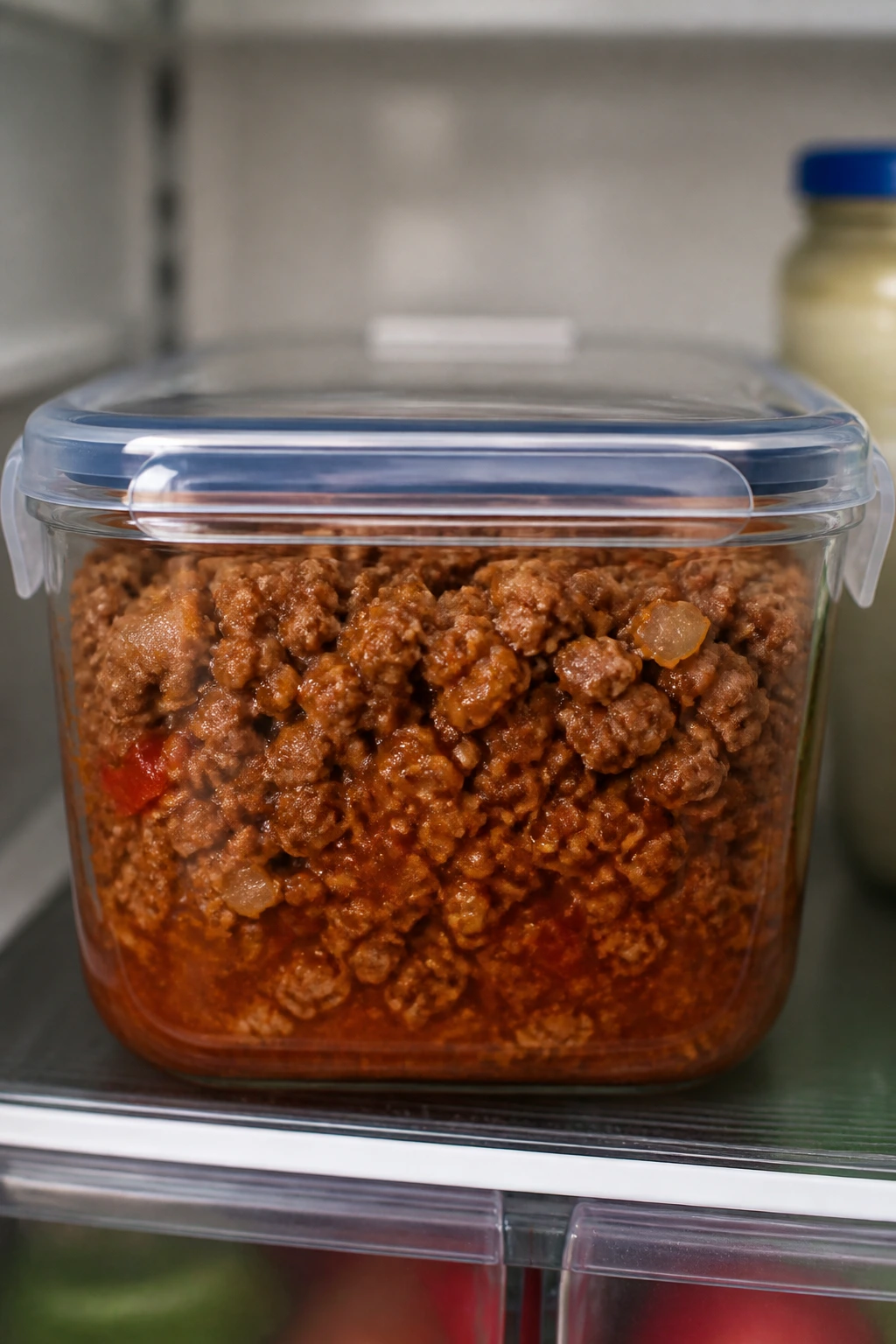 Airtight container with beef sauce in fridge