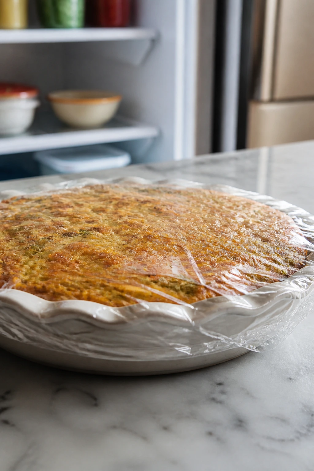 Pie dish wrapped in plastic for make-ahead storage on kitchen counter