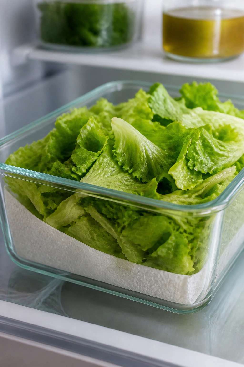 Crisp lettuce in a glass storage container in the fridge
