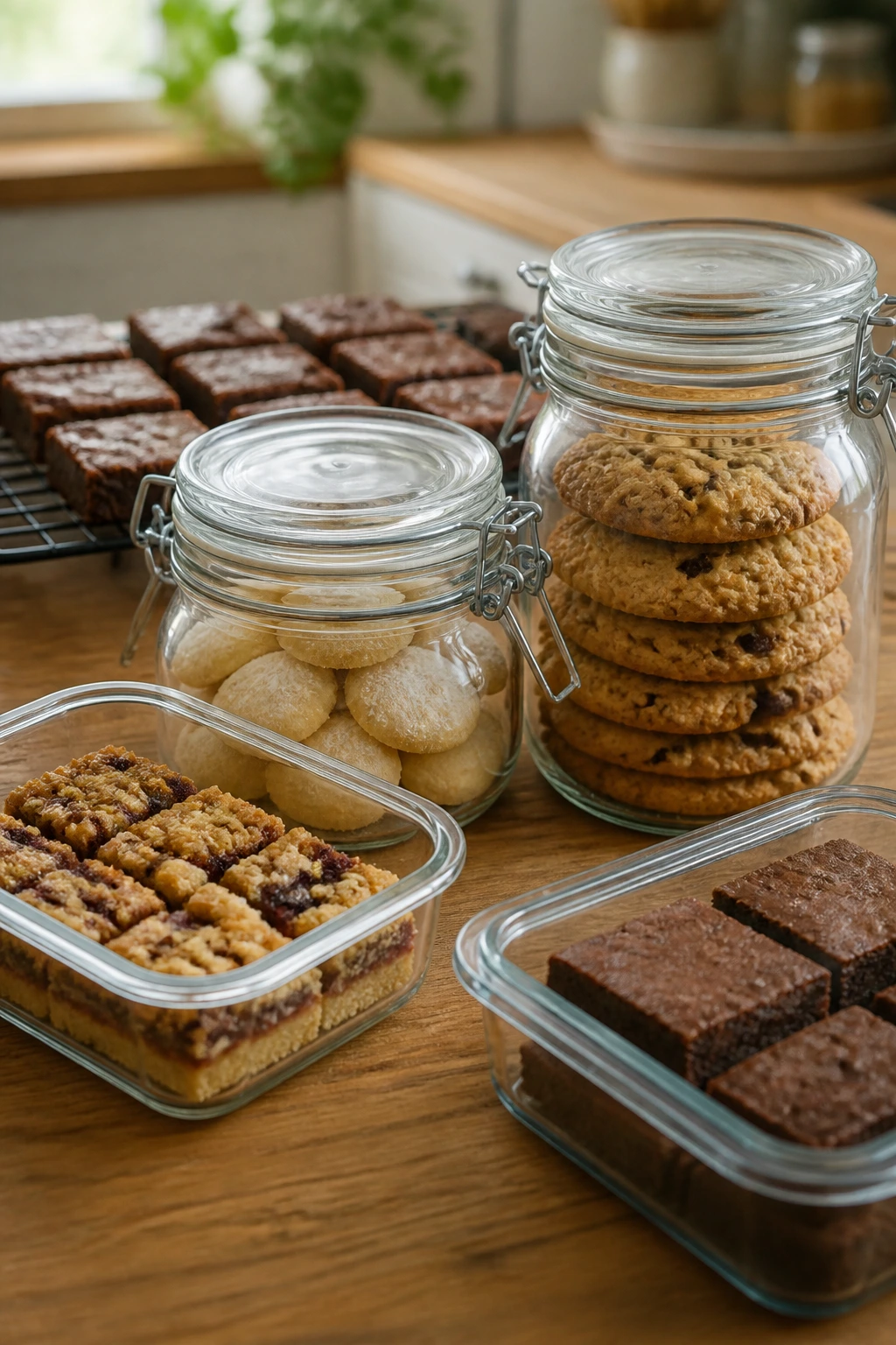 Close-up of glass jars with cookies and bars on a kitchen counter, illustrating make-ahead storage guidance