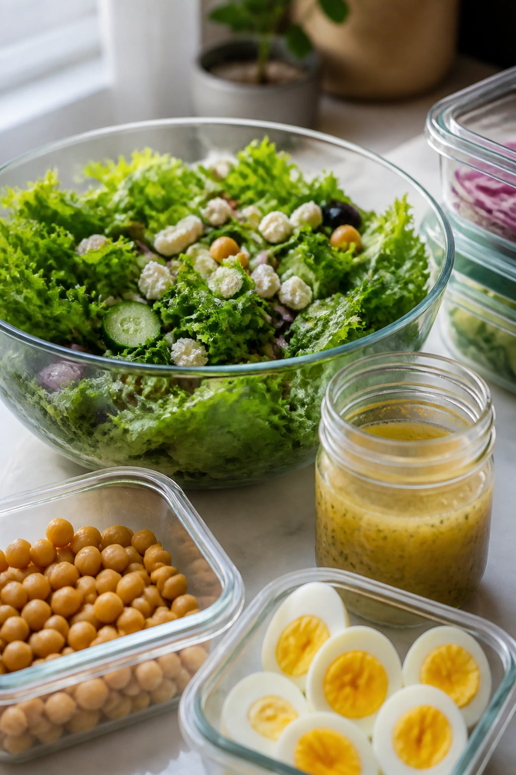 Salad bowl with dressing jar and eggs arranged for make-ahead storage on a kitchen counter