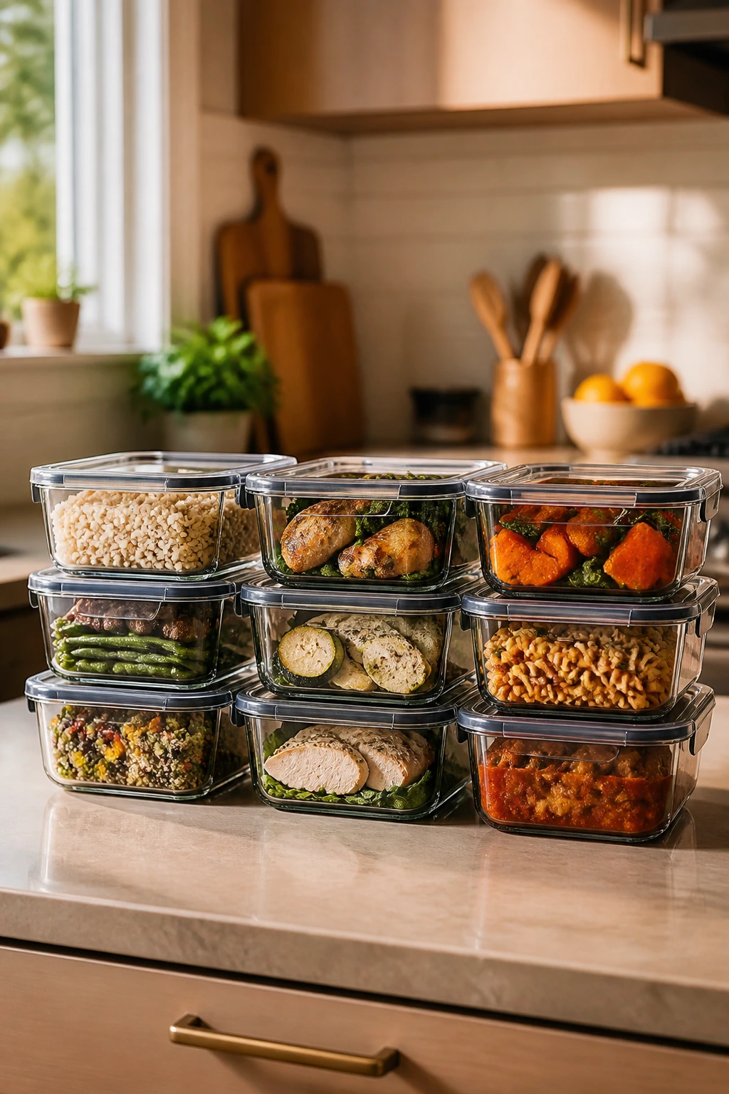 Row of airtight storage containers with leftovers in a kitchen setting