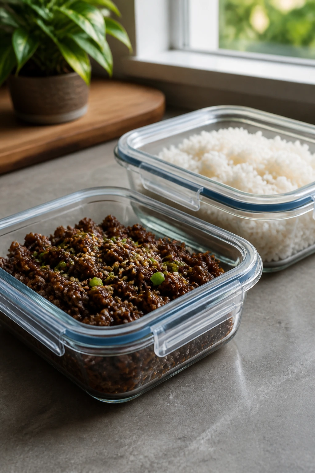 Glass storage containers with sesame beef and rice