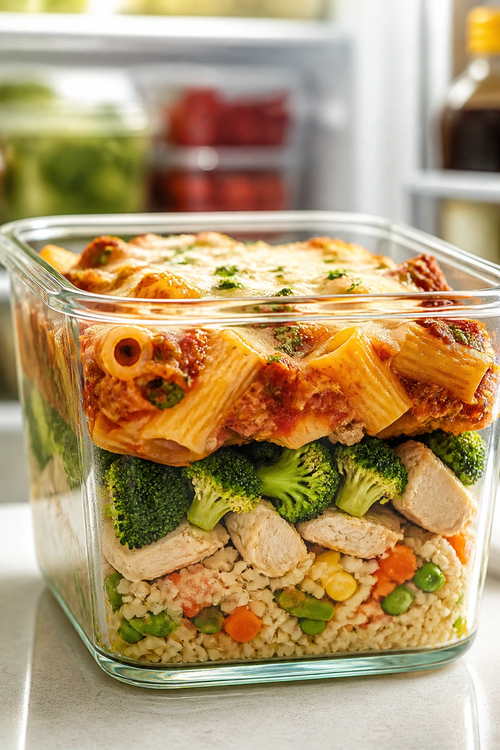 Clear glass meal-prep container with layered leftovers on a kitchen counter.