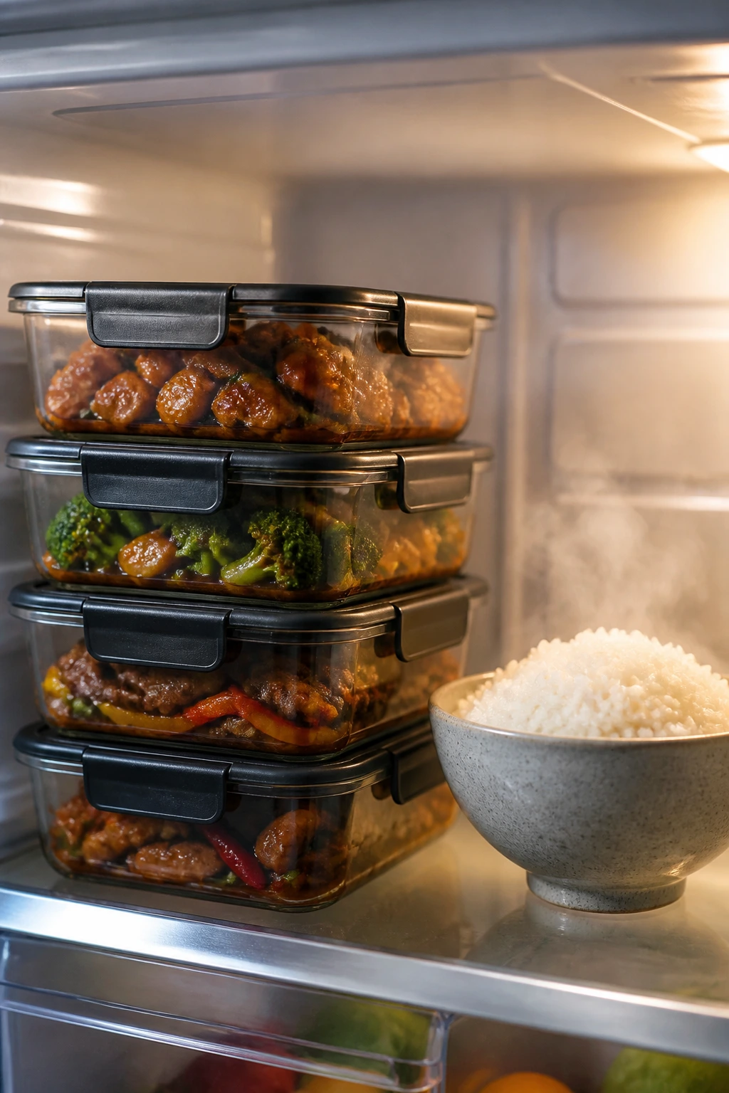 Stacked glass containers of crockpot leftovers in the fridge with rice on the side.