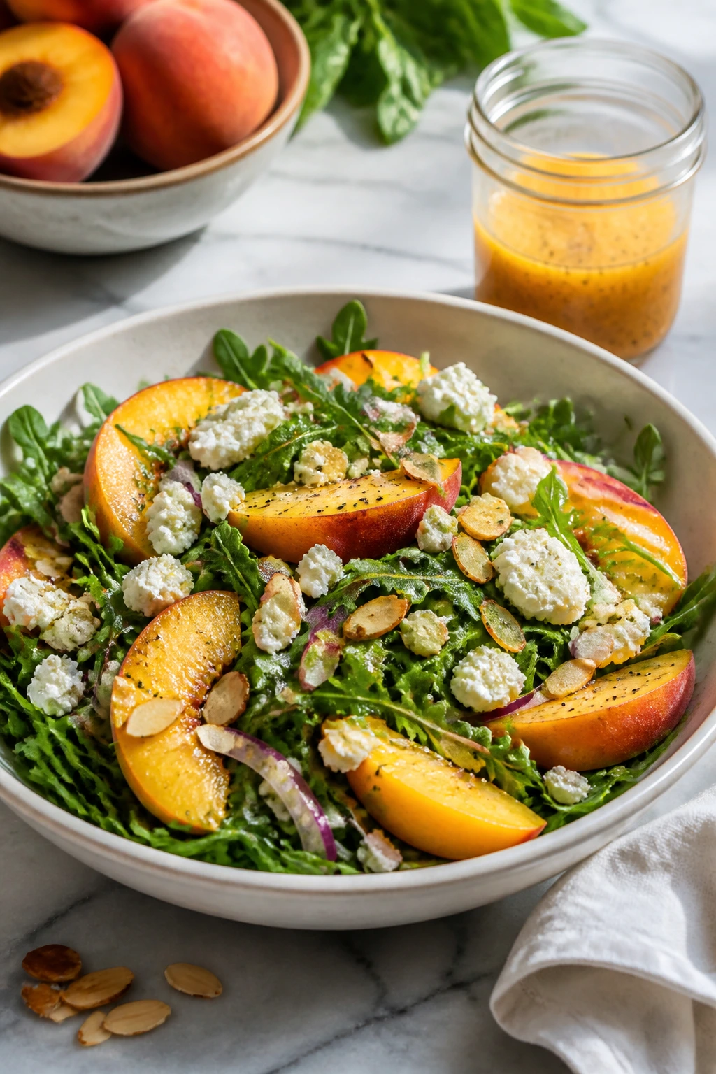 Peach salad in a bright bowl with dressing jar on side