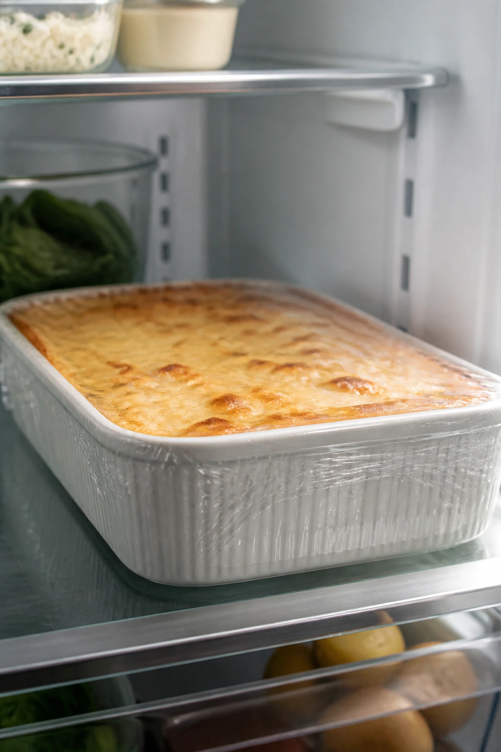 Fridge-ready pastitsio dish wrapped in plastic for make-ahead storage