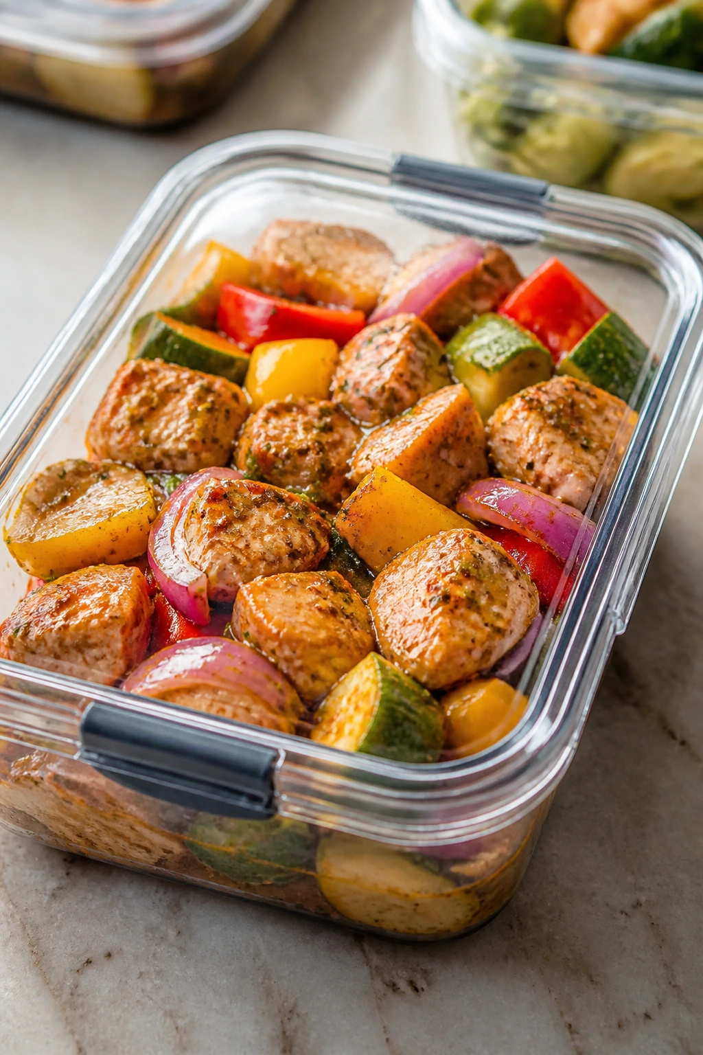 A sealed container of marinated chicken and vegetables for skewers ready for storage.