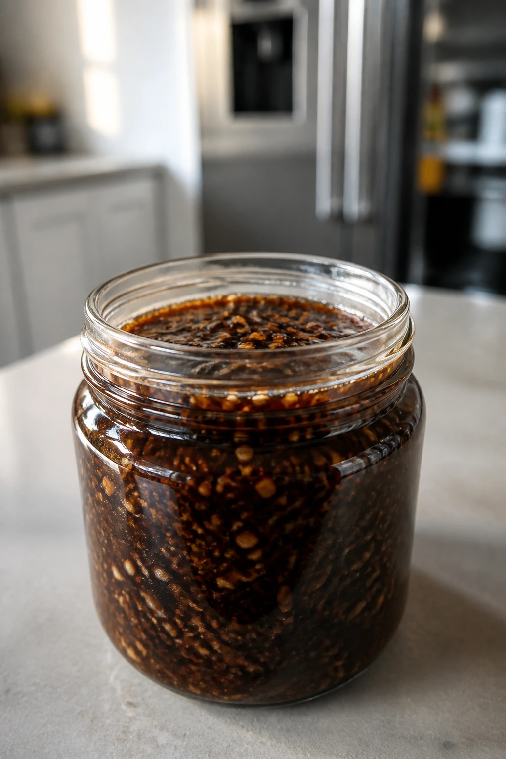 Glass jar of glossy stir-fry sauce on kitchen counter