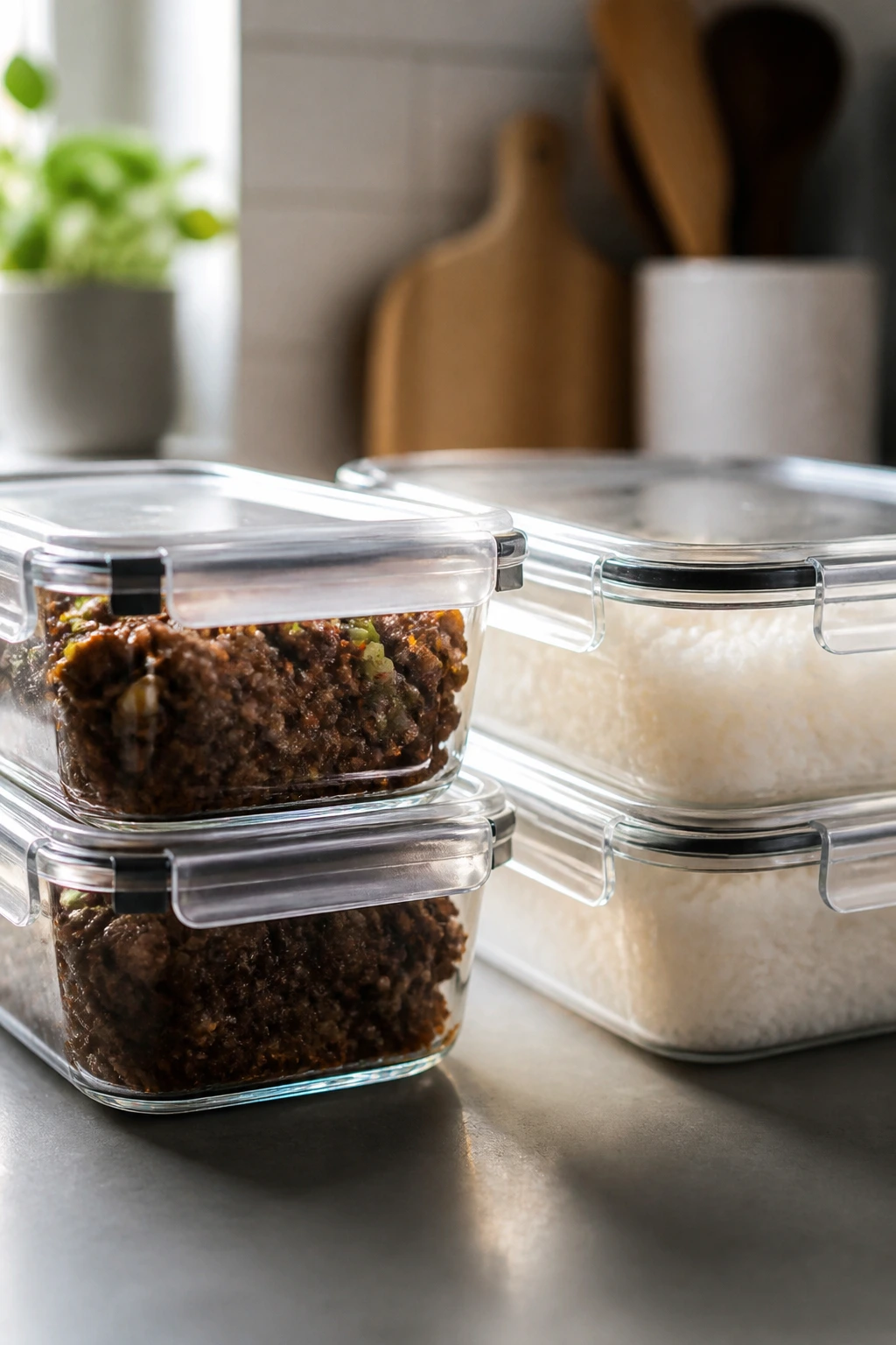 Airtight containers with beef and rice for make-ahead storage