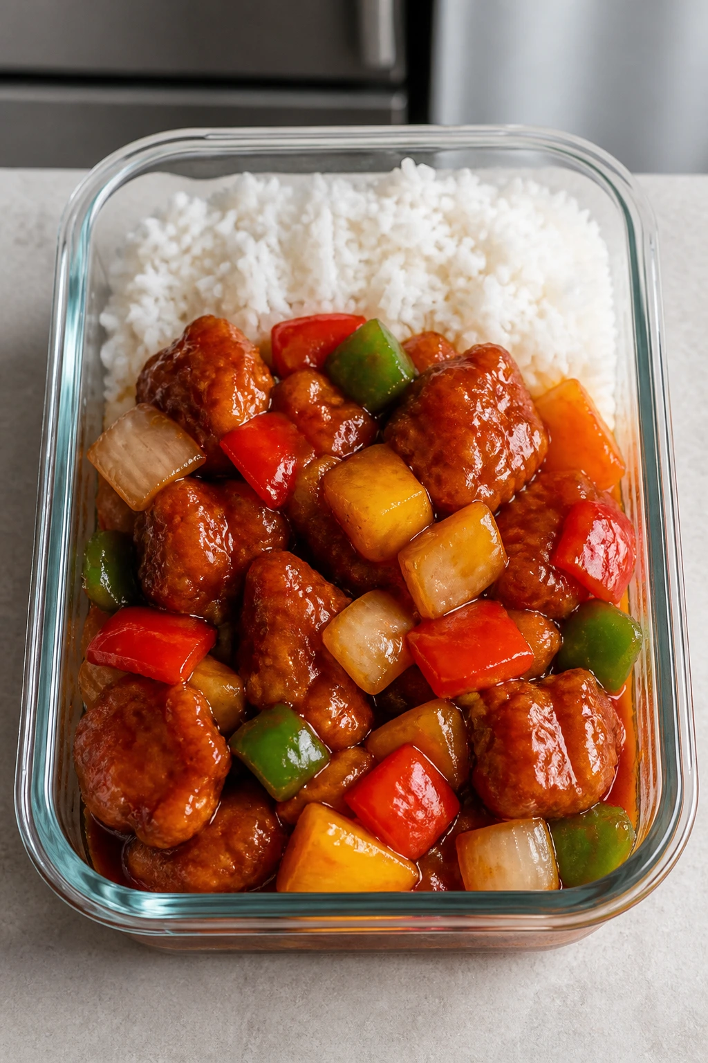 Sweet and sour pork in glass storage container