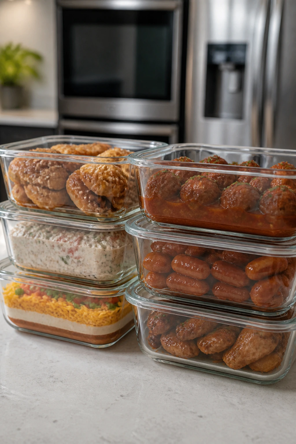 Storage containers with prepared foods on a kitchen counter