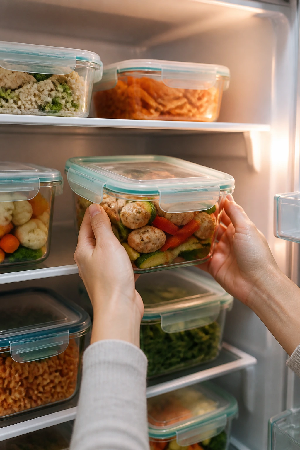 Close-up of airtight containers in fridge illustrating make-ahead storage and reheating guidance