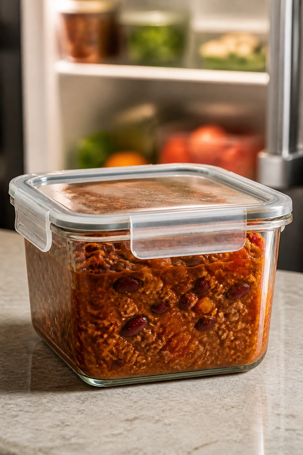Glass storage container with chili in a kitchen setting