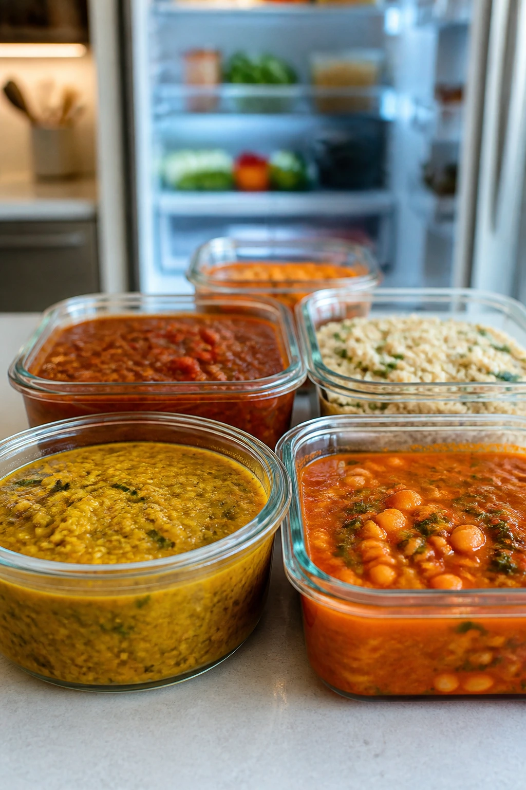 A row of airtight glass meal containers ready for storage and reheating.