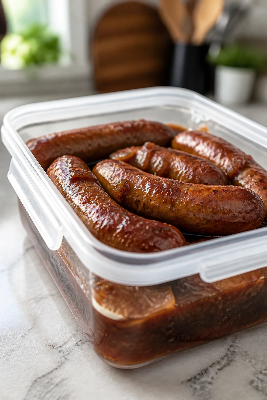 Glazed sausage in a shallow container ready for make-ahead storage and reheating