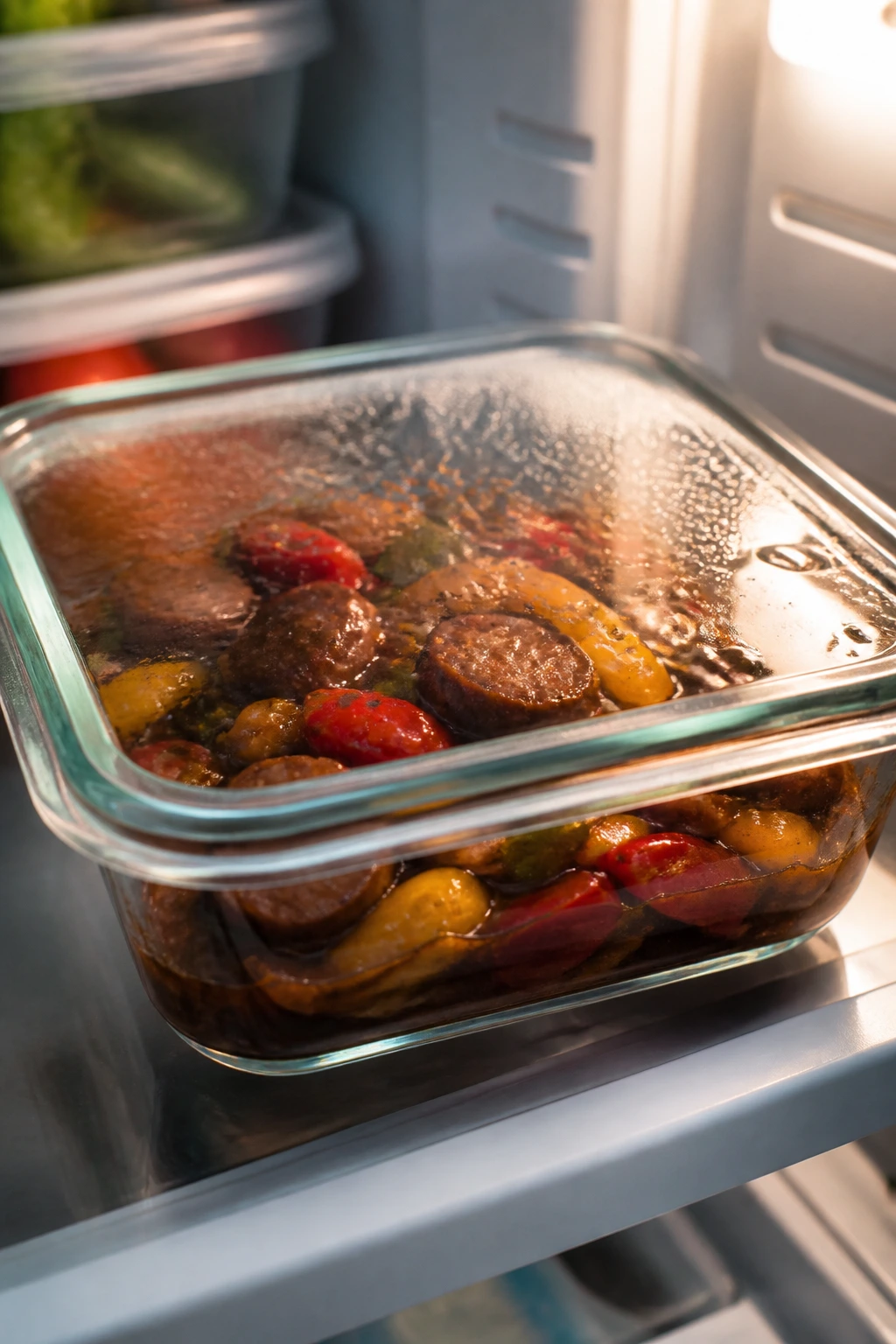 Glass storage container with leftover sausage skillet in the fridge
