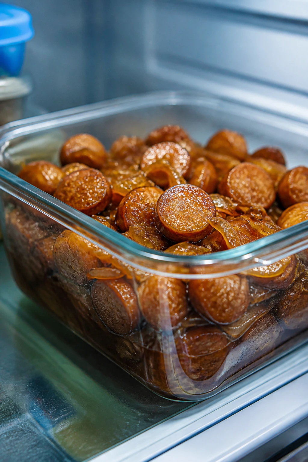 Glass container with reheated sausage skillet in fridge
