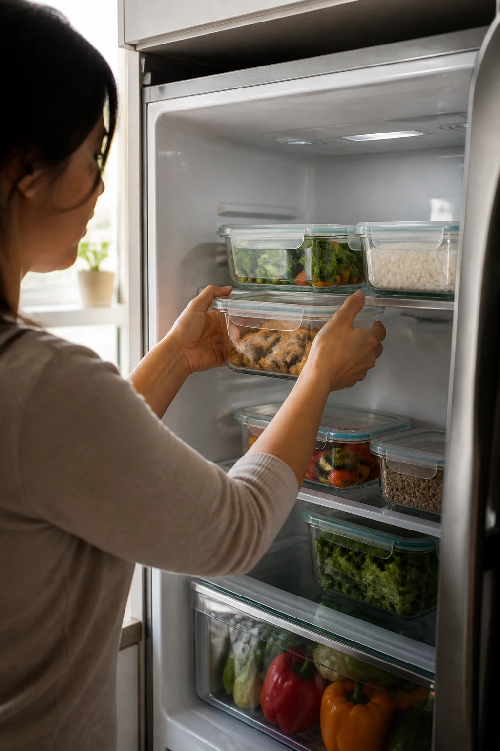 Hands placing storage containers in the fridge for make-ahead dinners