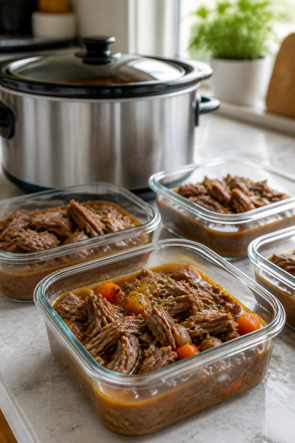 Close-up of a slow cooker and glass storage containers on a kitchen counter illustrating storage and reheating rules