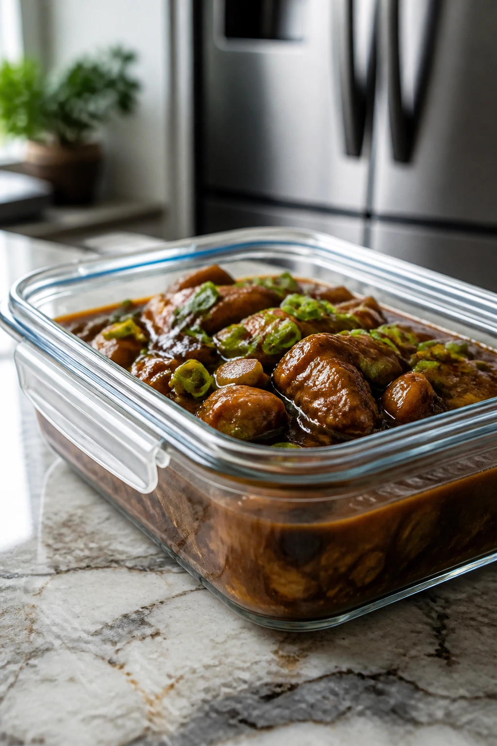 Airtight glass container with saucy braise for make-ahead storage.