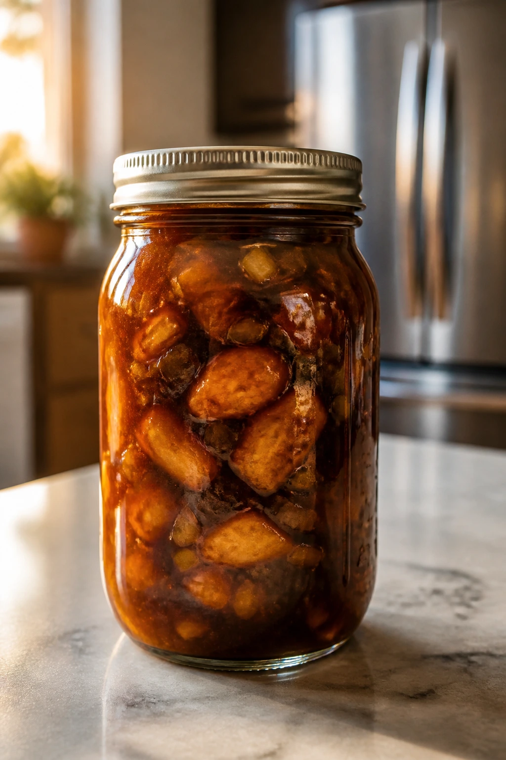 Close-up of a glass jar with sauce and protein on a kitchen counter