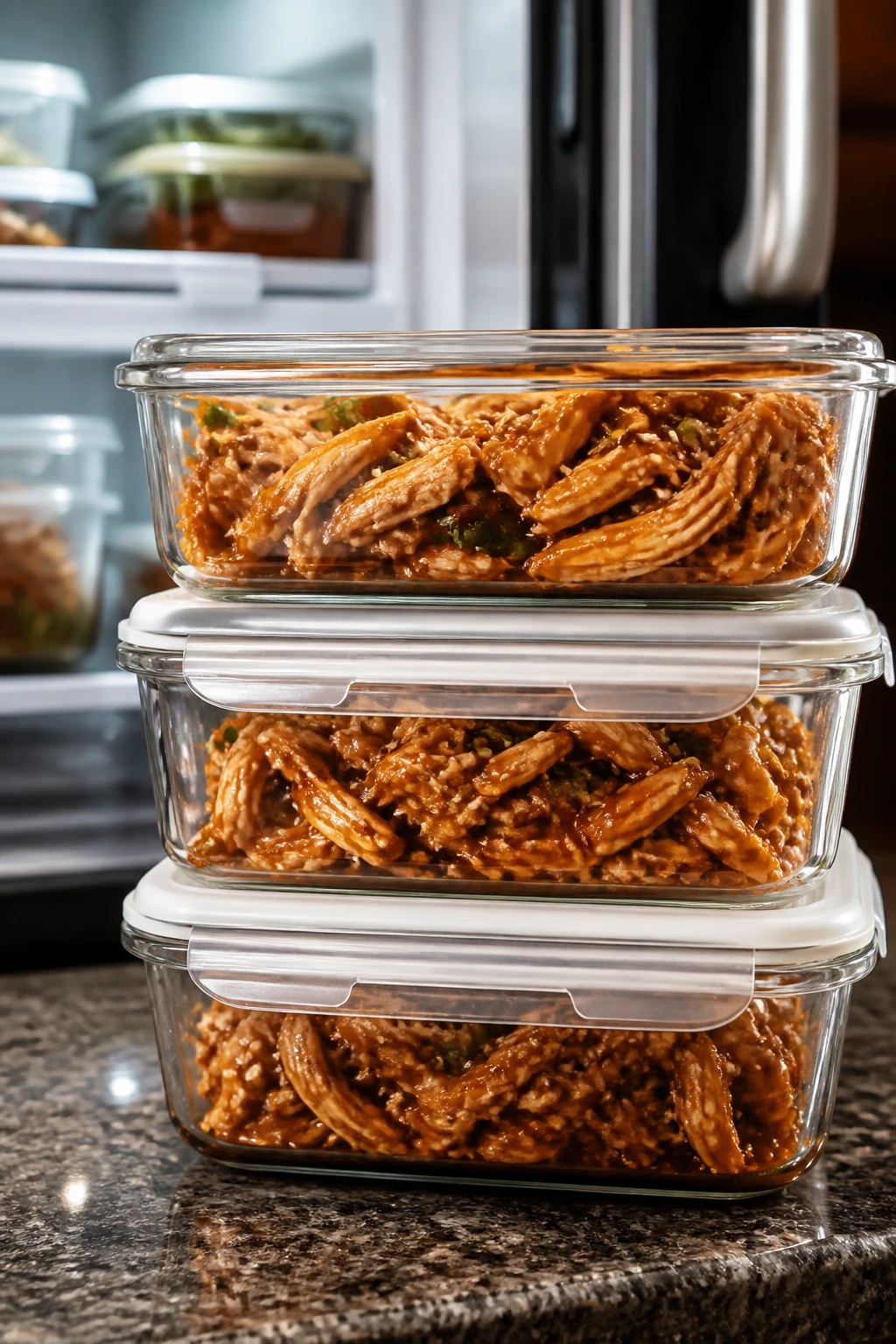 Close-up of glass meal-prep containers with crockpot chicken in glossy sauce on kitchen counter