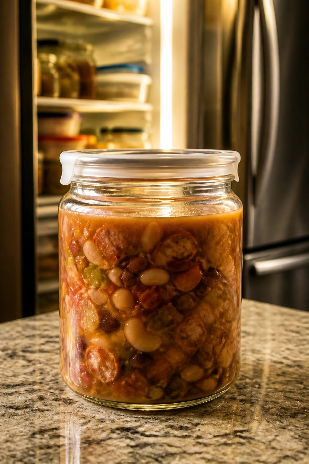 Glass jar of bean soup for storage on a kitchen counter.