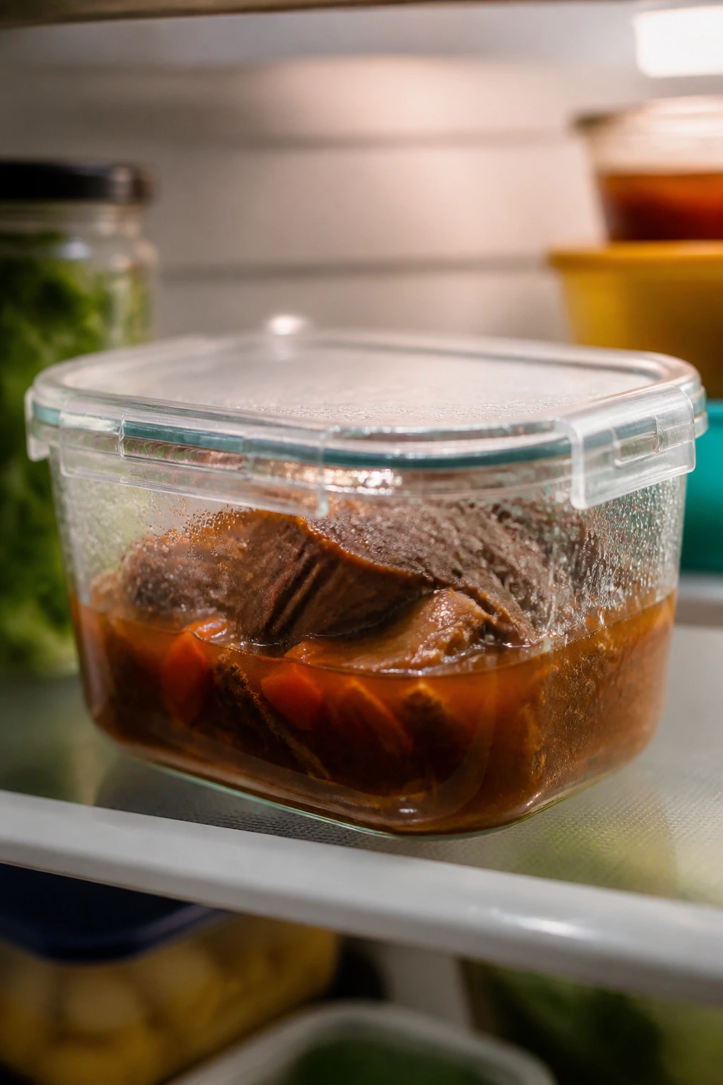 Airtight storage container with braised leftovers in the fridge