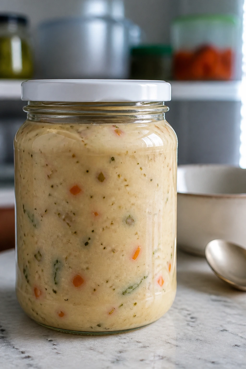 Glass jar of creamy soup in a kitchen setting