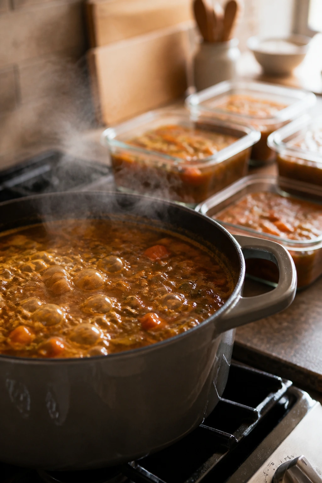 Pot on stove with glass storage containers in background illustrating make-ahead and storage