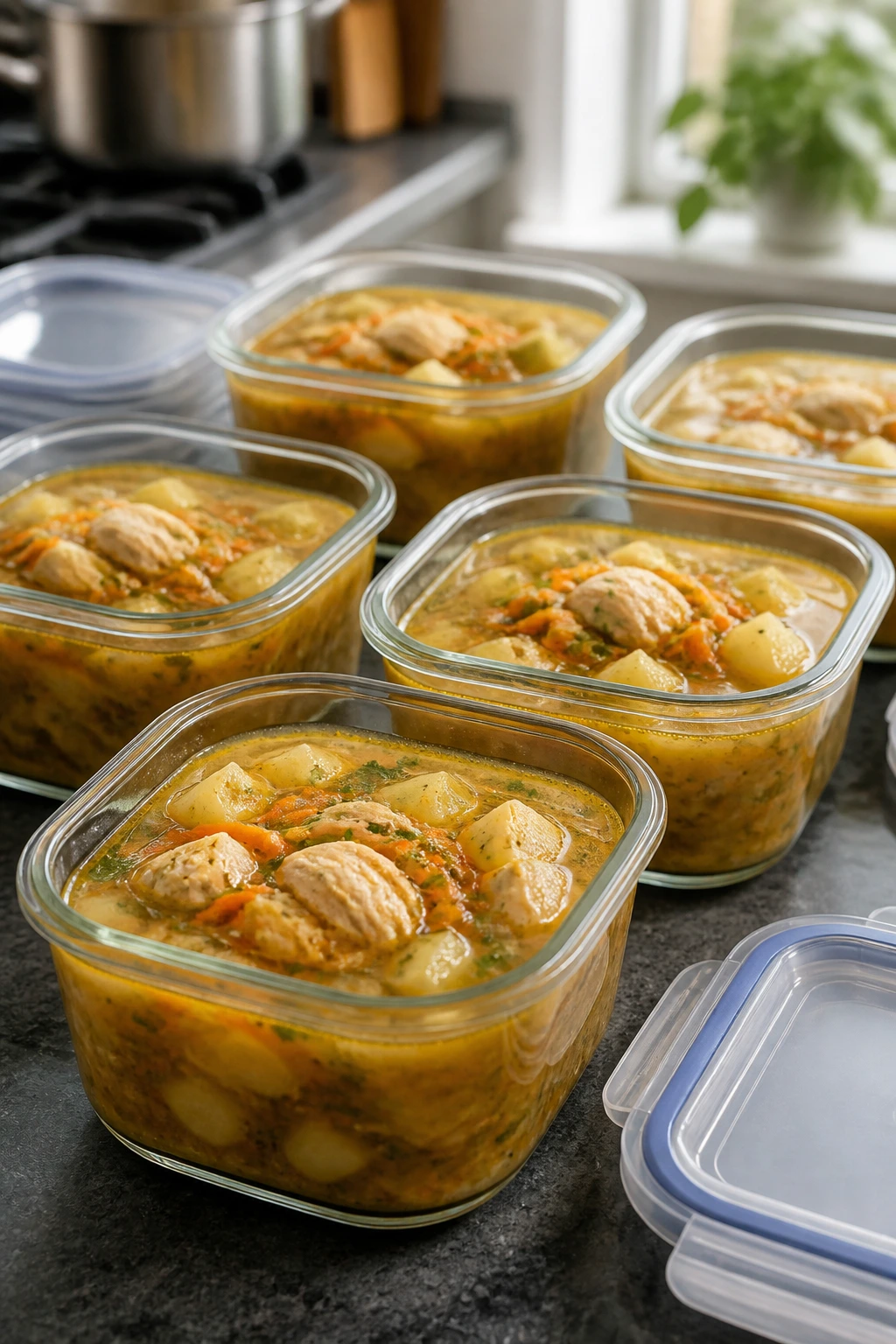 Glass containers of soup stored for make-ahead and reheating