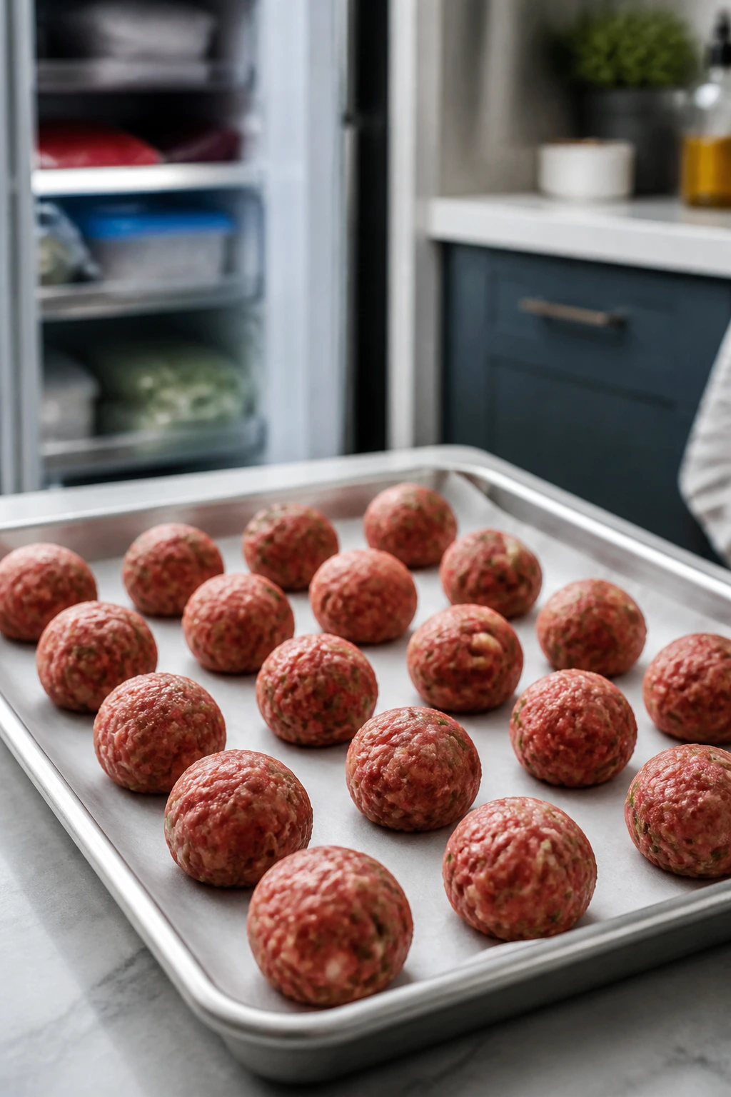 Raw meatballs on parchment-lined tray ready to freeze