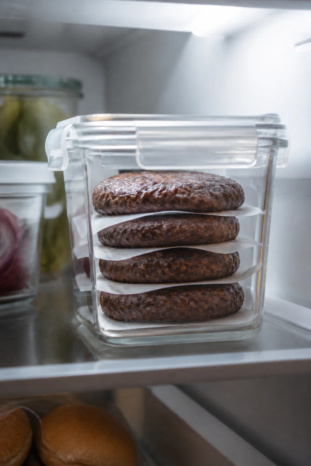 Container of prepped slider patties in a fridge