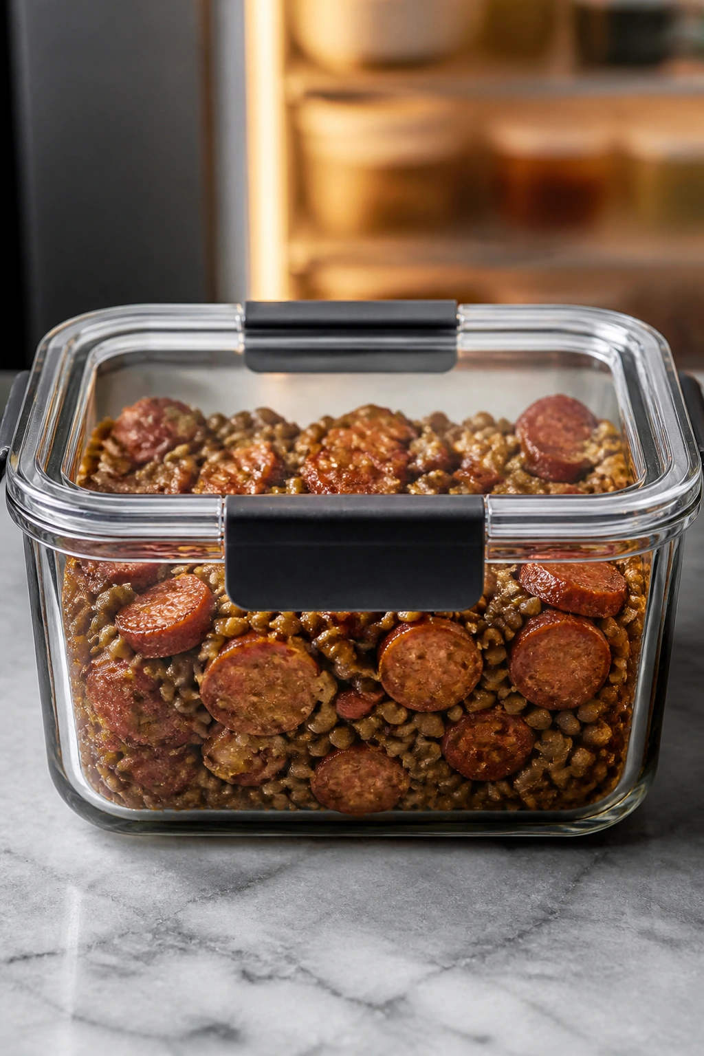 Glass container with lentils and sausage for storage