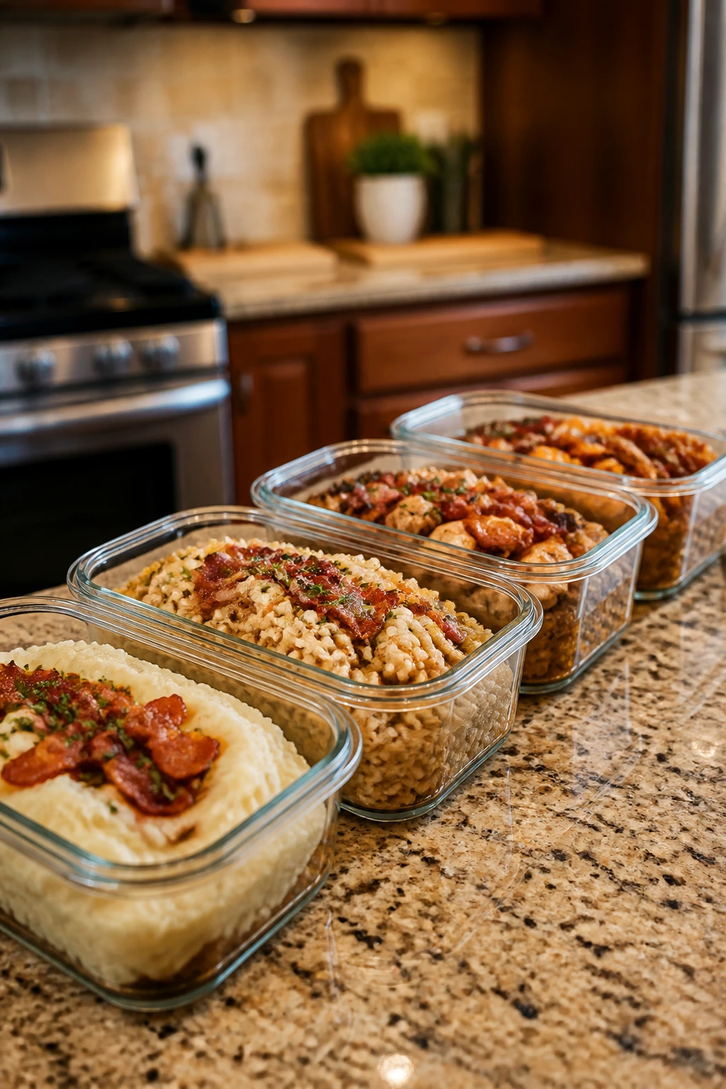 Clear glass containers with bacon dishes on kitchen counter
