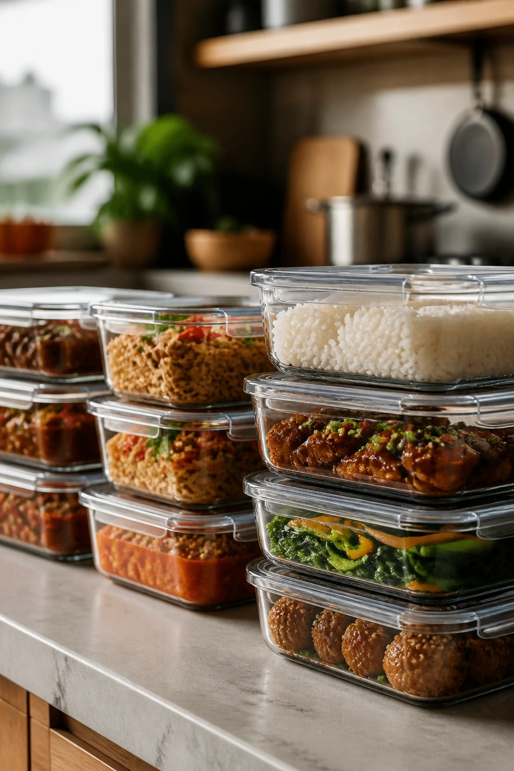 Glass storage containers filled with prepared ingredients on a kitchen counter