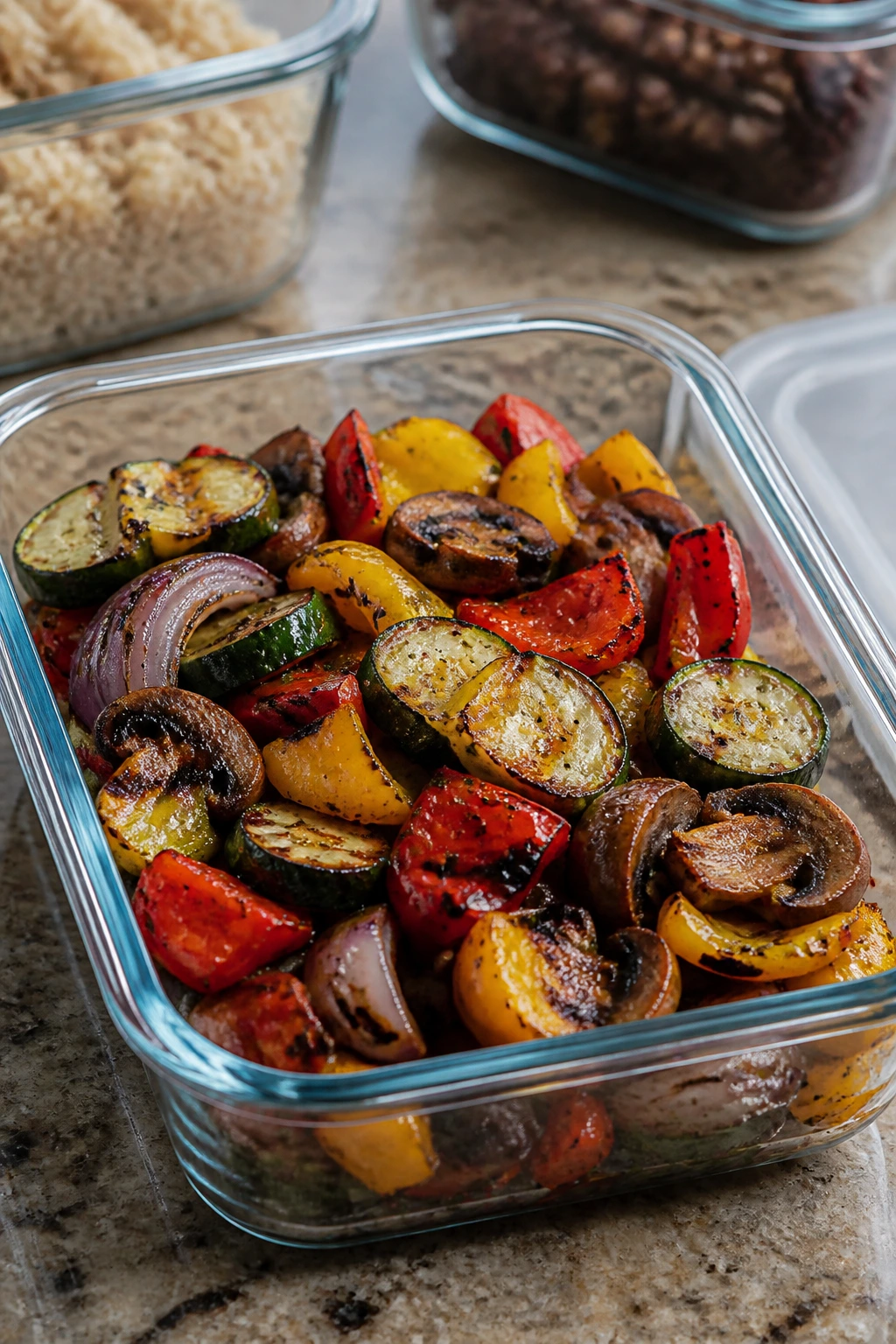 Container of grilled vegetables stored for make-ahead meals