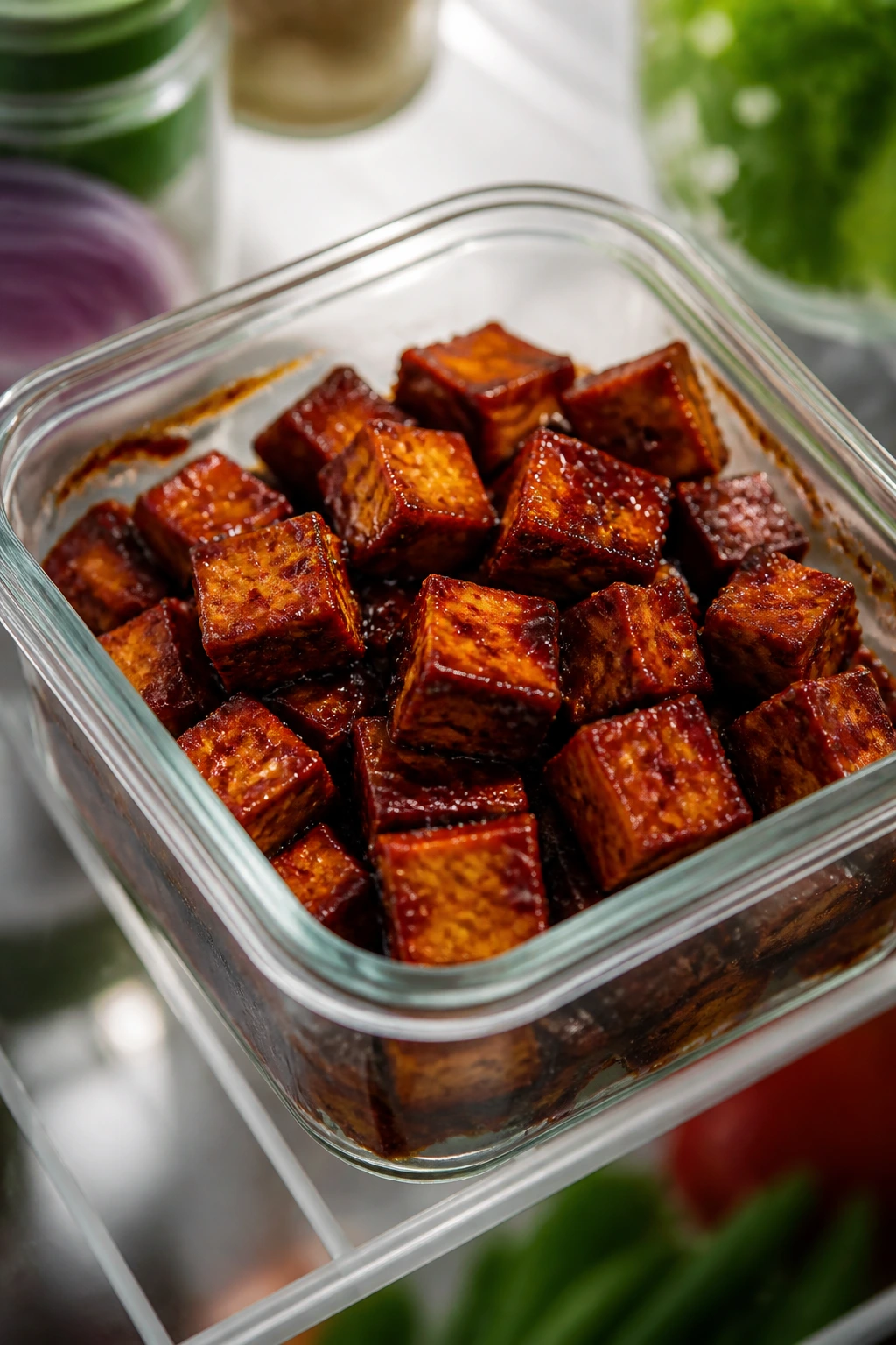 Glass container with roasted BBQ tofu cubes in a fridge-lit kitchen