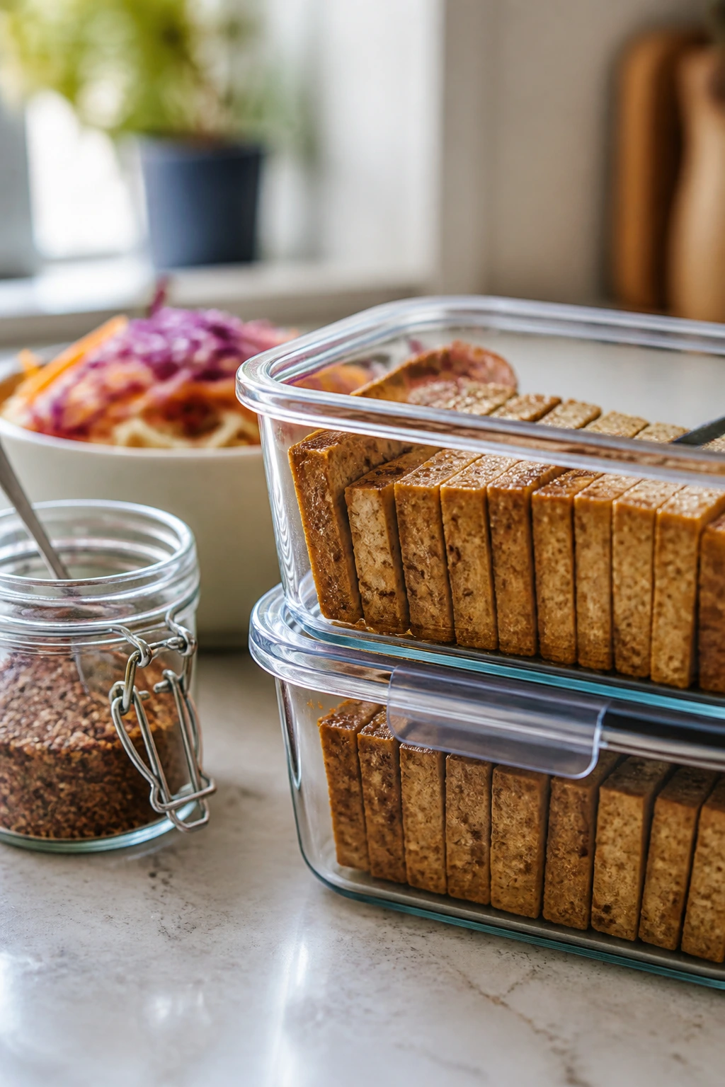 Airtight container with pressed tofu slices ready for storage