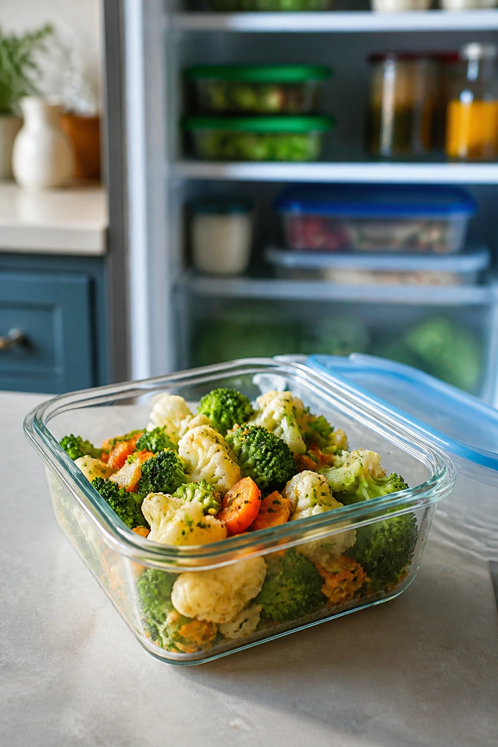 Garlicky vegetables stored in a glass container in the fridge