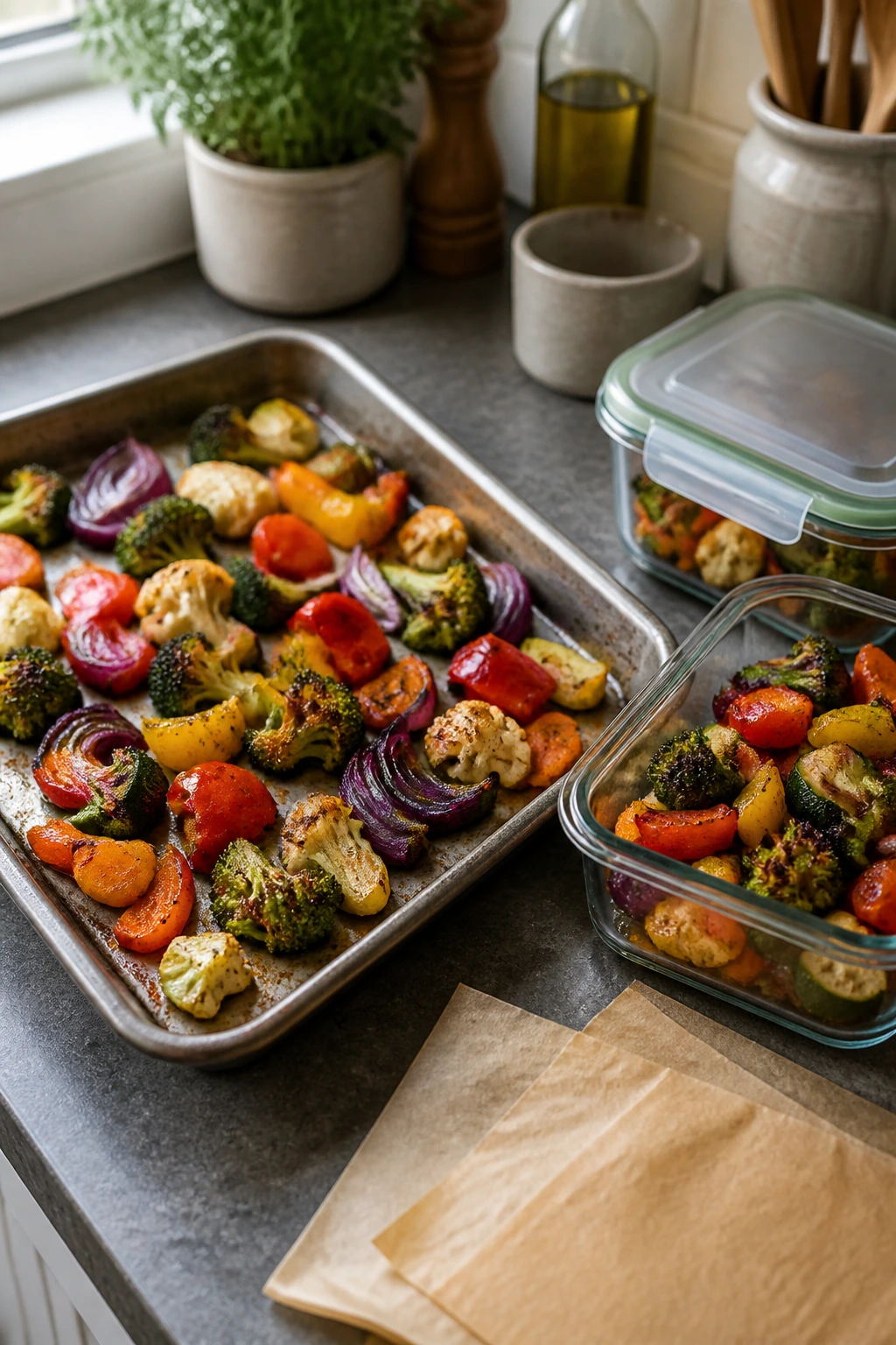 Roasted vegetable tray with storage containers in a kitchen