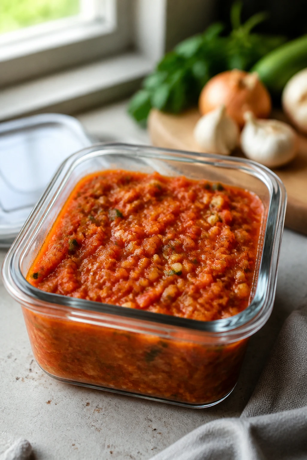 Glass storage container with vegetable base for make-ahead meals