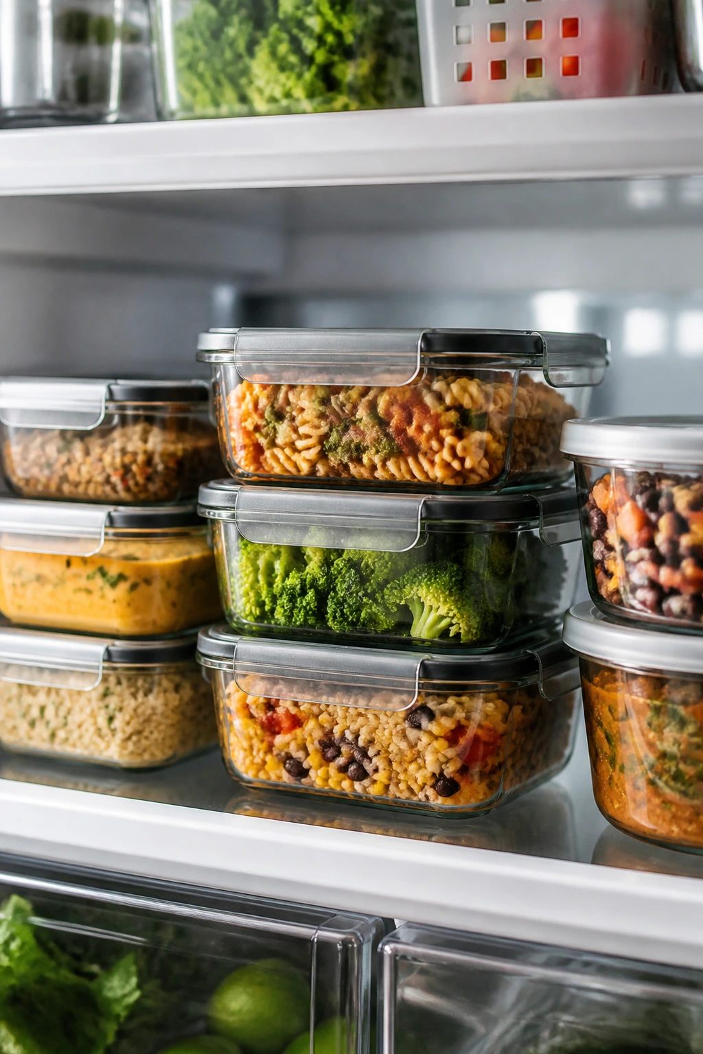 Glass storage containers in fridge for make-ahead meals